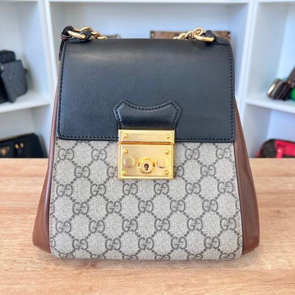 GG Supreme Monogram Calfskin Padlock Backpack Beige Cuir Black - Picture 2 of 15